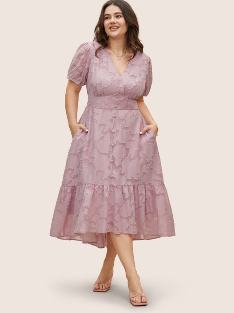 NWT Bloomchic Solid Textured Lantern Sleeve Button Detail Dress Pink Nectar 12